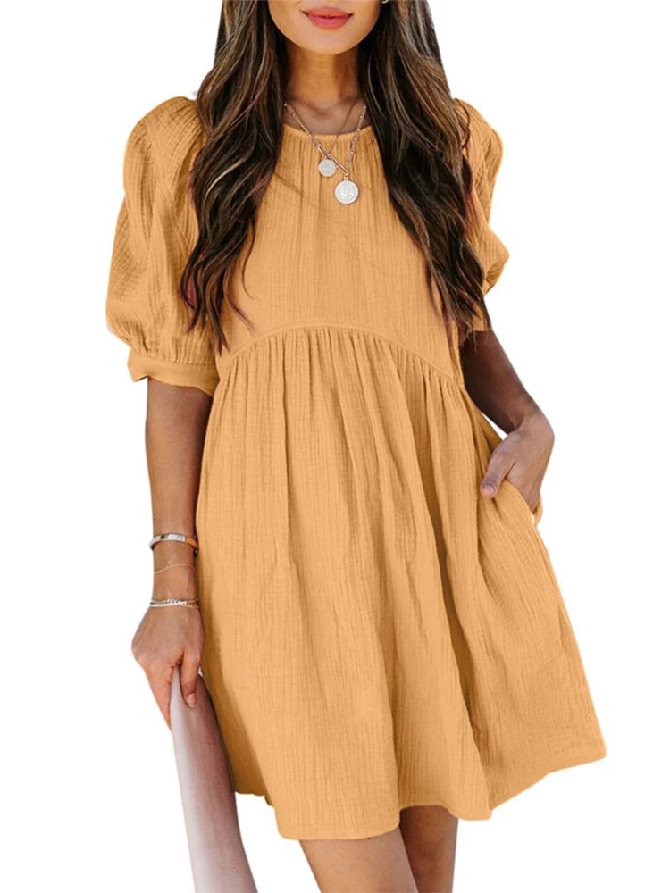 

Women's Casual Loose Puff Sleeve Party Dress 2022 Elegant Solid Color O Neck Pocket Mini Dress Summer Commuter Chic Party Dress