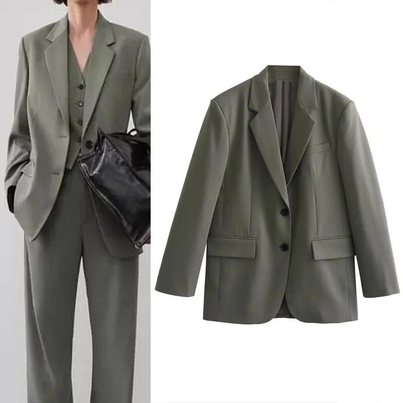 

TRAF Classic Blazer Woman 2023 Vintage Lapel Button Oversize Jacket Elegant Women's Long Sleeve Coat Autumn New In Outerwears