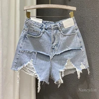 2022 summer jean shorts womens new fashionable loose all match washed fake two piece high waist ripped hot pants blue black