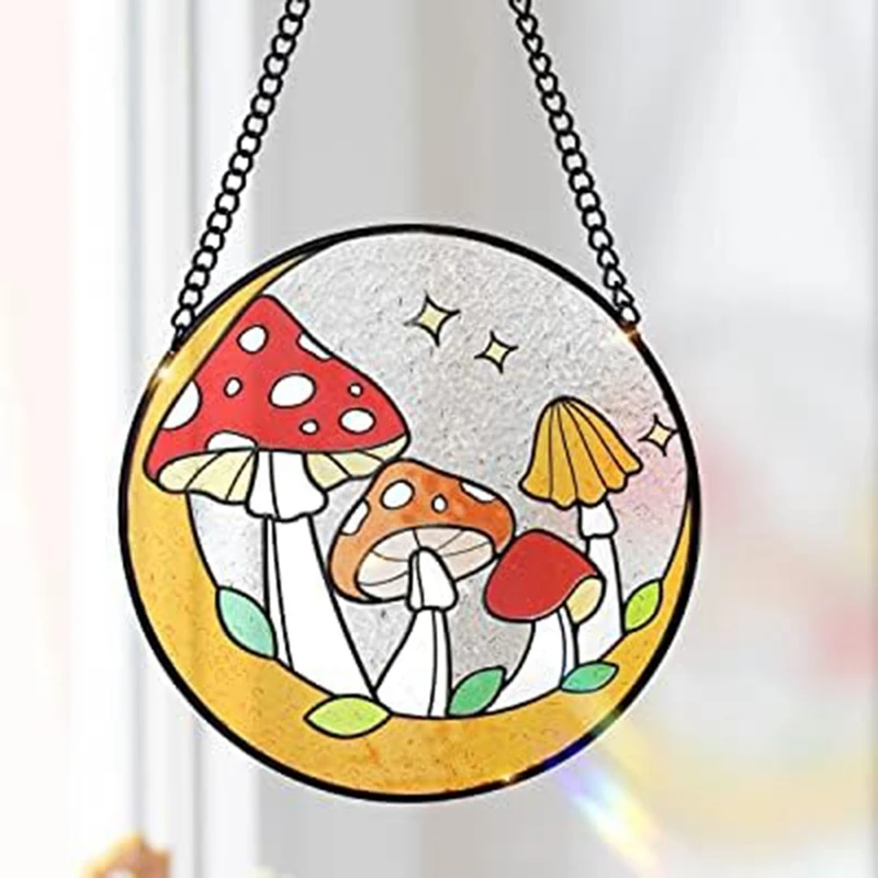 1 PCS Mushroom Stained Window Wall Hanging Ornament Acrylic 16X16cm For Home Gift Nature Plant Lovers