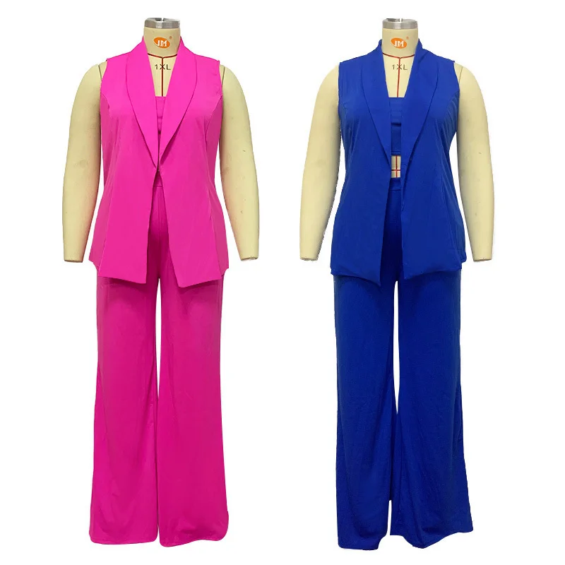 Plus Size Matching Sets Women's Suit  Fat Mm Solid Color Slim Size Women's Summer Three Piece Suit Chic Elegant Woman Pants Set