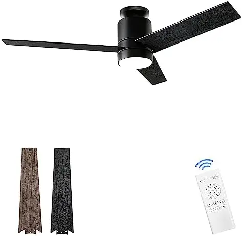 

Fans with Lights Flush Mount, 52 Inch Modern Black Ceiling Fan with Light and Remote Control - 3 Wood Blades LED Ceiling Fan Low