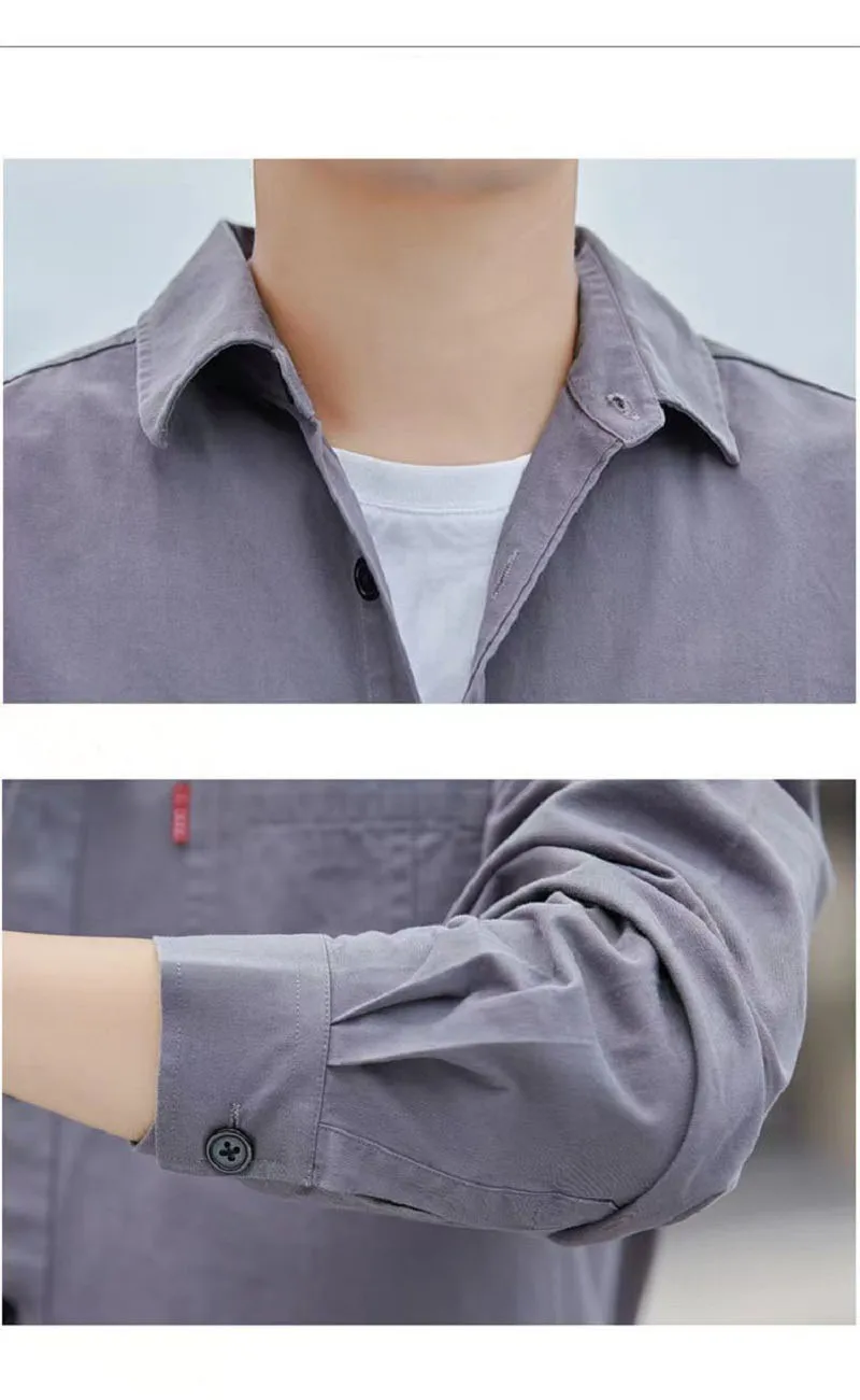 Men'S Shirts Spring Autumn Casual Shirt Top Tooling High-End Cotton Loose Long-Sleeved Shirt Square Neck Standard Menswear