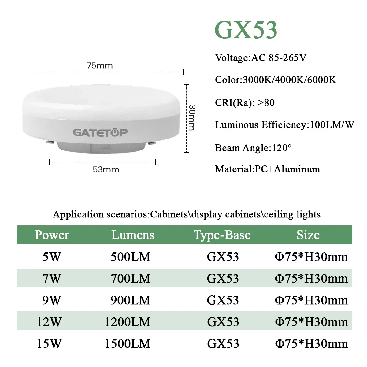 6Pcs LED Cabinet Light Bulb GX53 Replacement AC85-265V 5W 15W Without Main PC Cover Energy Saving Down CeilingLight