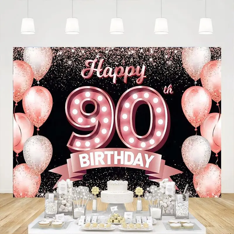 

Happy 90th Birthday Rose Gold Banner Backdrop Cheers to 90 Years Old Decorations for Women Pink Party Photography Background