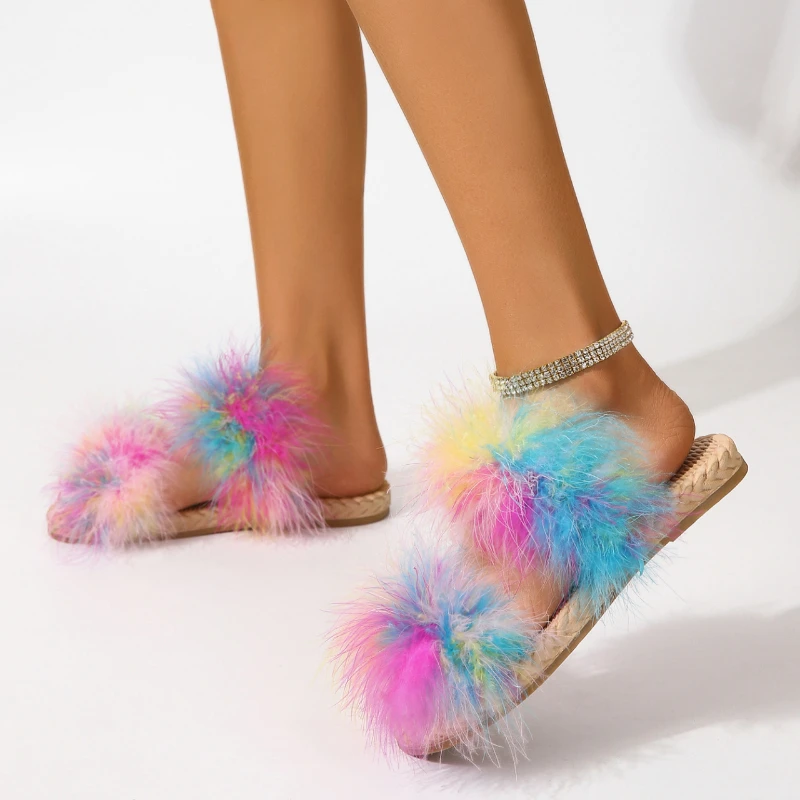 

Женские меховые шлепанцы, домашние пушистые шлепанцы на плоской подошве, комфортная обувь для дома с пушистым мехом, зимние шлепанцы, 2023