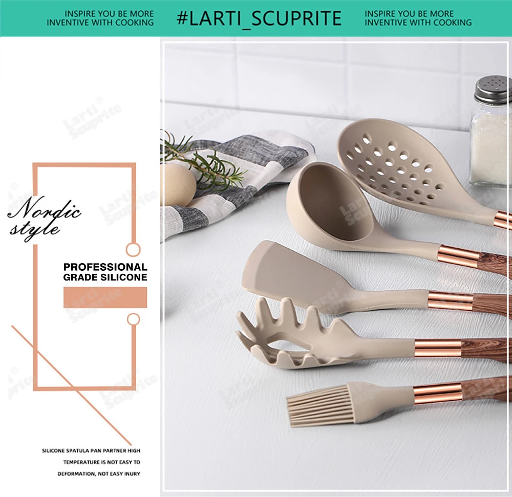 Дешево Набор кухонной утвари из силикона с покрытием из розового золота Дешево Набор кухонной утвари из силикона с покрытием из розового золота