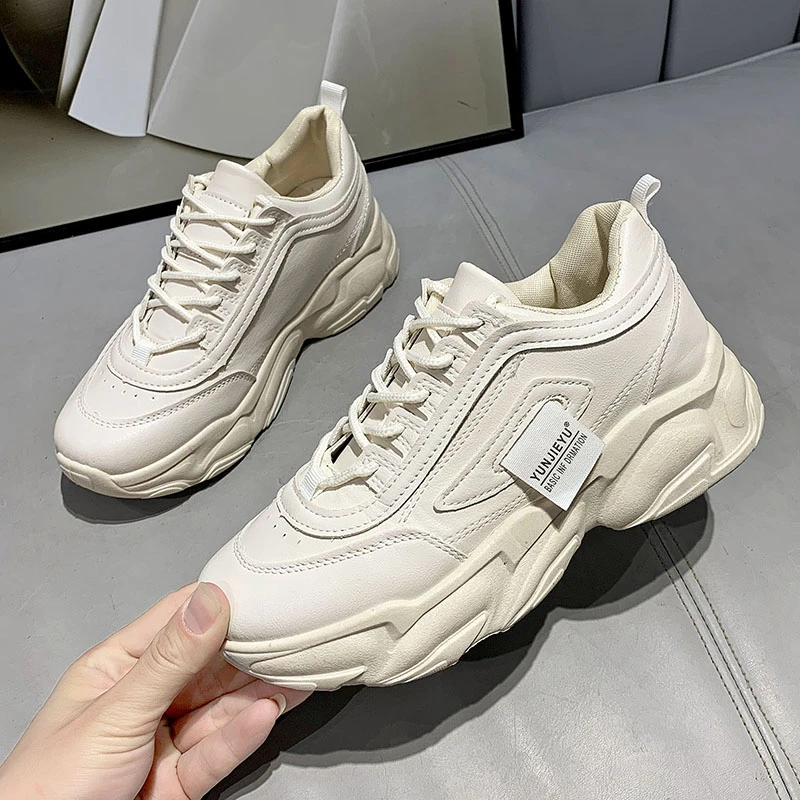 

White Women Shoes New Chunky Sneakers For Women Lace-Up White Vulcanize Shoes Casual Fashion Dad Shoes Platform Sneakers Basket