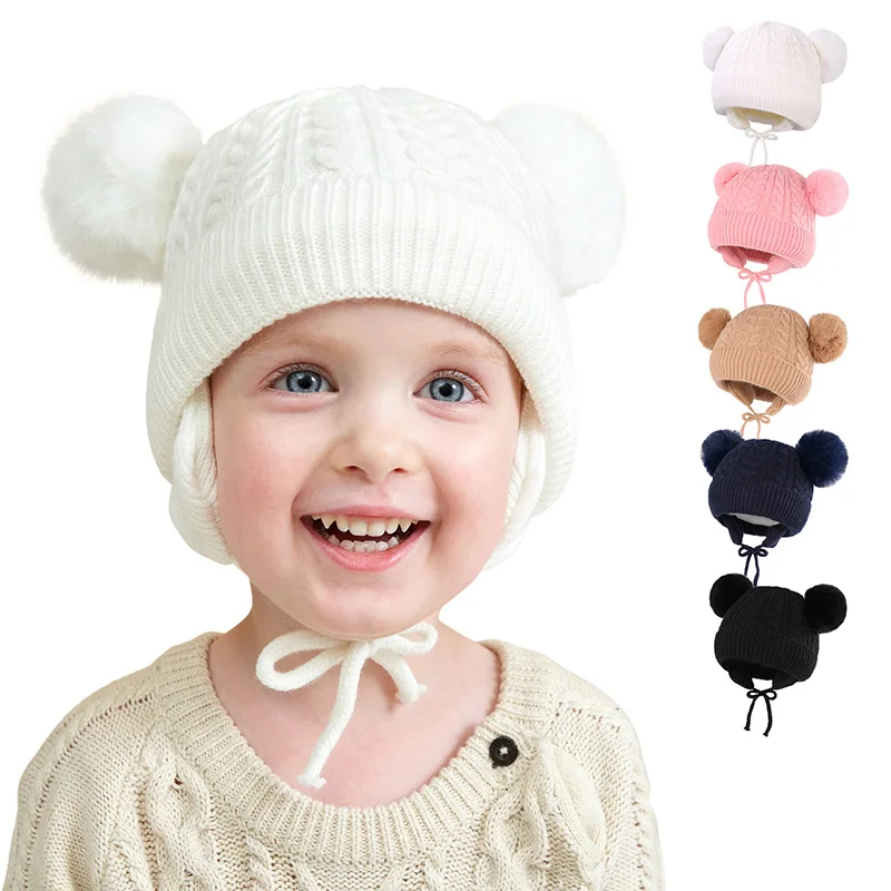 

2022 Winter Kids Hat Double Pompom Cute Beanie Solid Color Warm Ear Cap Outdoor Baby Knitted Hats Toddler Girls Accessories