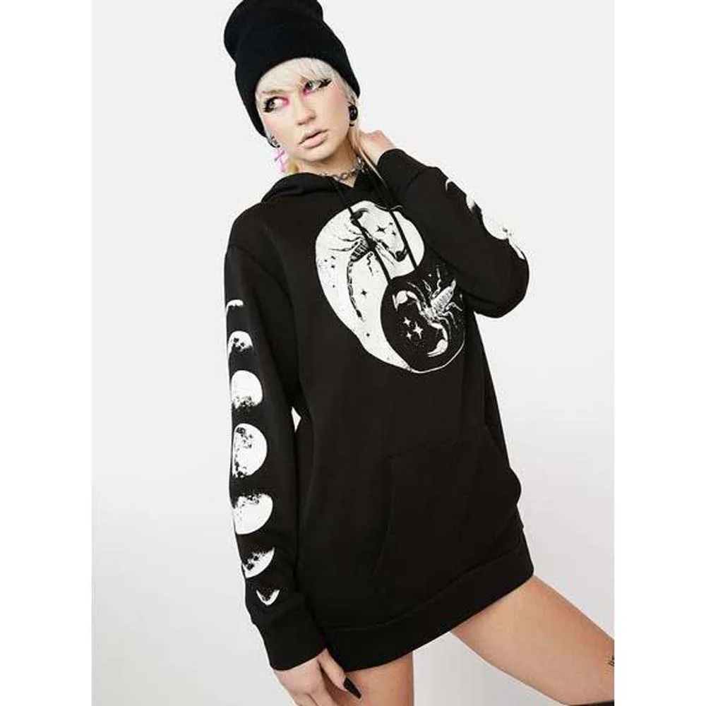 

Gothic Hooded Black Hoodie Women Gothic Casual Long Sleeve Moon Printed Goth Top Autumn Spring New Fashion 2022 Ladies Top