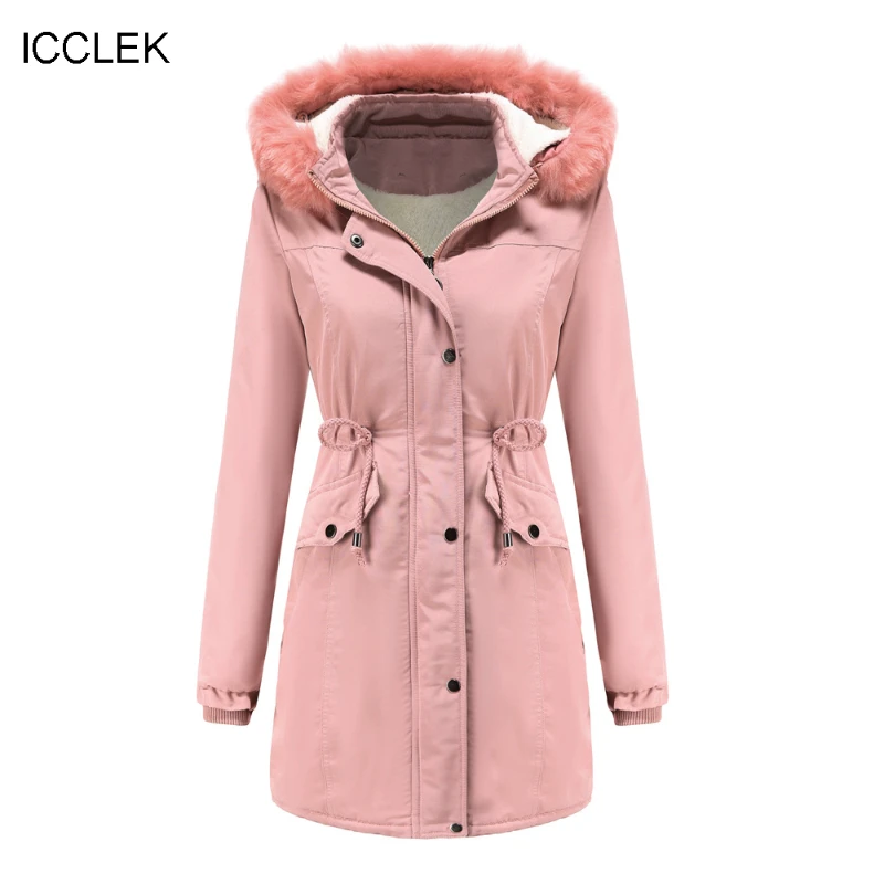 ICCLEK Autumn and winter 2022 new warm coat women's cotton thickened plush cotton coat women's detachable hat big wool collar