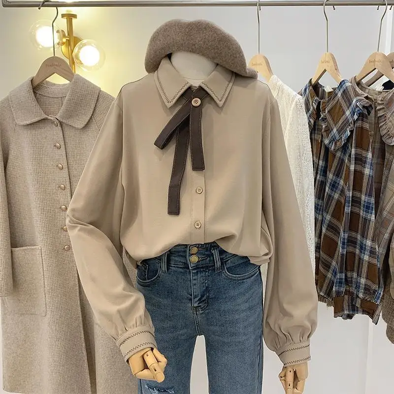 

Corduroy College Style Shirt Women's Spring and Autumn New Loose Long Sleeved Folding Top Vintage Frosted Shirt