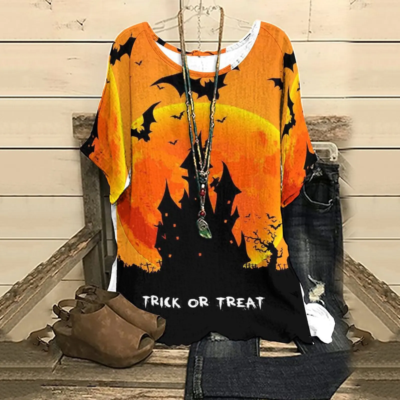 

Летняя женская футболка с рукавом до локтя, модная классическая женская футболка с счастливым принтом на Хэллоуин, топ, футболка