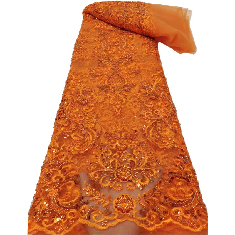 Tela de encaje para vestido de boda, tejido elegante de lujo bordado africano, hecho a mano, con cuentas, para NN629-K