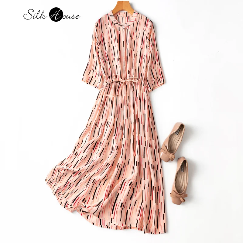 

Natural mulberry silk spring and summer new striped real silk crepe de Chine stand collar with drawdown waist large swing dress