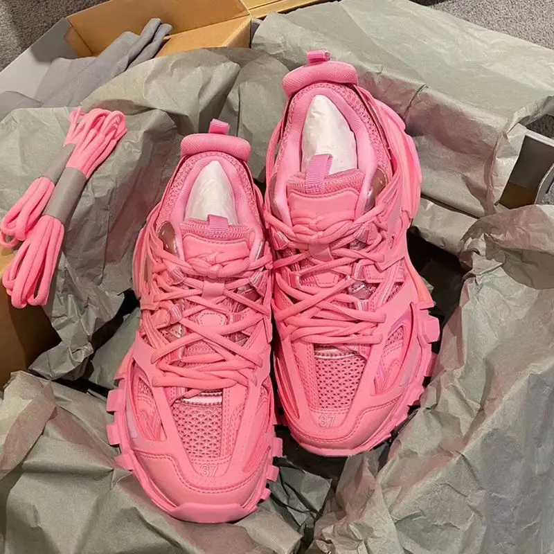 2022 New Pink Fluorescent Green Net Red Super Fire Reflective Dad Shoes Women's Thick Bottom Breathable Casual Running Sneakers