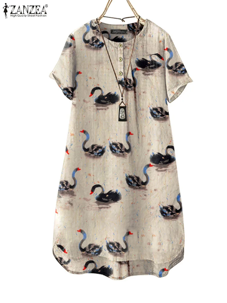 

ZANZEA 2023 Summer Pritning Sundress Buttons Vintage Short Sleeve Casual Short Vestidos Pockets Round Neck Holiday Mini Dress
