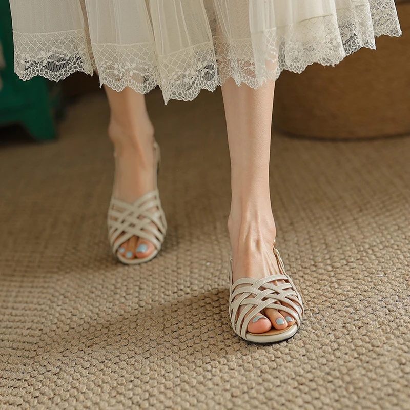 Gladiator Sandal Roman Style Summer Womens' Flats Cowhide Lady Sandals Female Retro Casual Flats Buckle Strap Vintage Flat Shoes