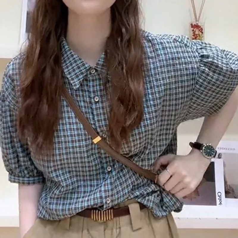 Рубашка-поло в винтажном гонконгском стиле Клетчатая блузка с