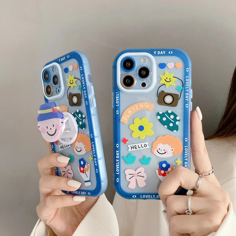 

Korea Cute Cartoon Hat Boy Label Bracket Phone Case For iPhone 11 12 13 Pro Xs Max Xr X 7 8 Plus Cases Soft Shockproof Cover
