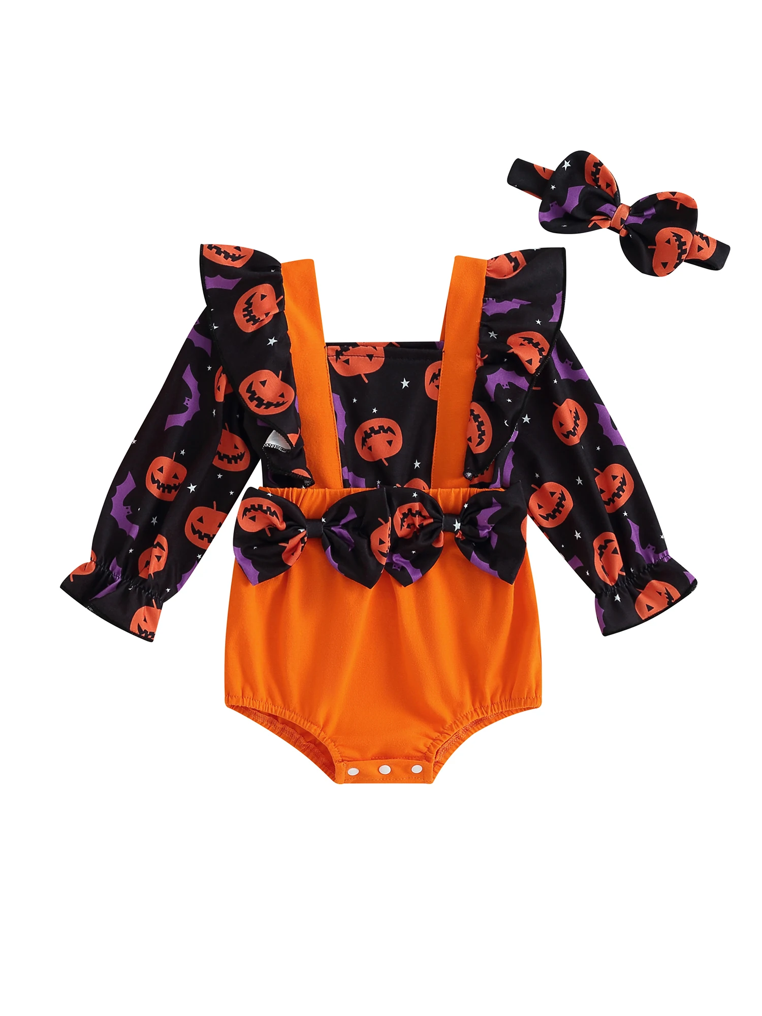 

Baby Boys Ghost Print Romper Long Sleeve Round Collar Ruffle Infant Halloween Jumpsuit with Hat