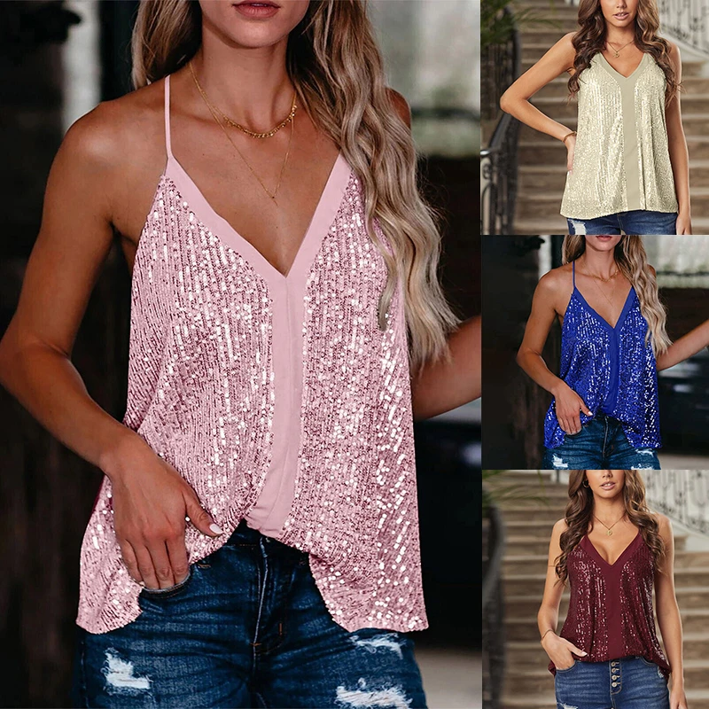 

Women V-Neck Party Sequin Strap Loose Casual Sleeveless Tank Tops Halter Vest Tunic Tank Tops T-Shirt Tees Sequin Strap Loose