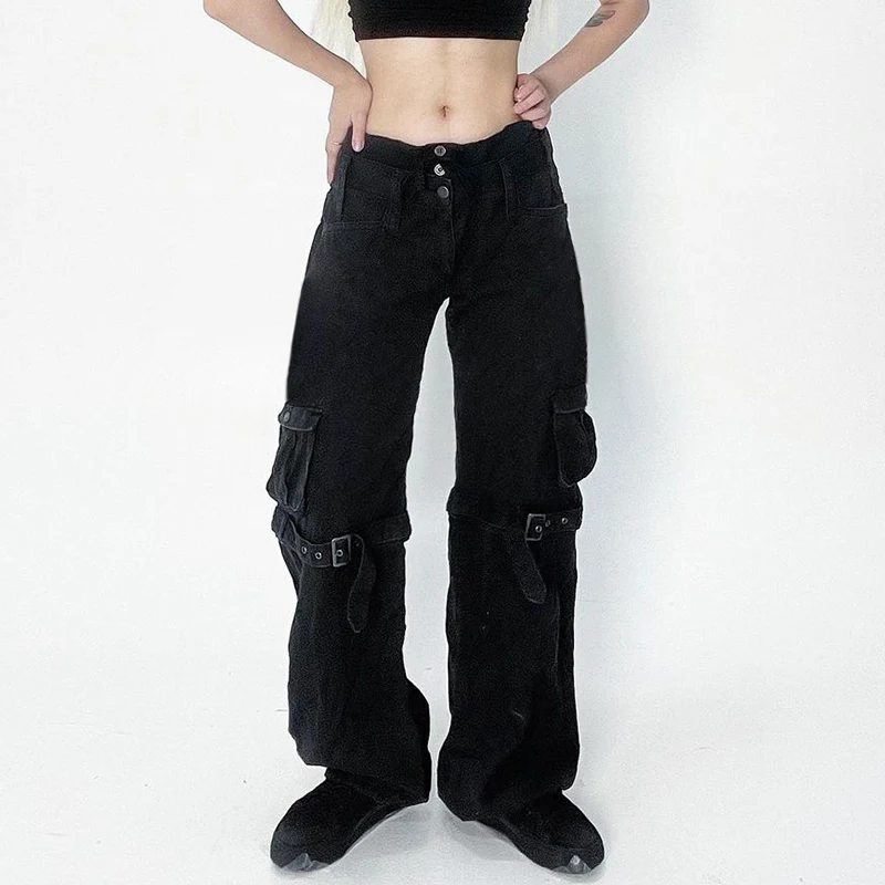

2022 Streetwear Baggy Fit Women's Jeans Y2k Basic Pocket Vintage Denim Cargo Pants Hippie Fashion Black Gothic Mujer Trousers