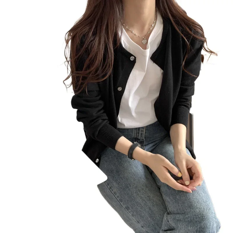 Универсальный вязаный топ женский однотонный свитер с круглым вырезом свободная