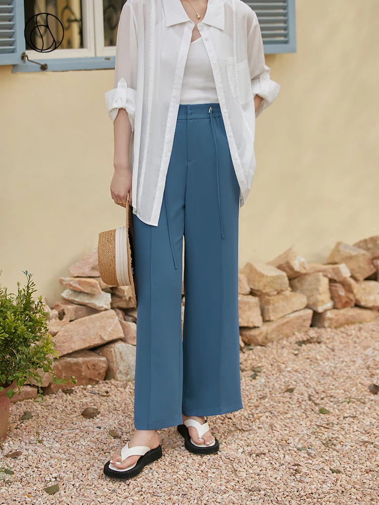 

DUSHU Simple Commuter Design Drawstring Straight-Leg Pants Half-waist Elasticated Casual Wide-Leg Pants Office Lady Trousers
