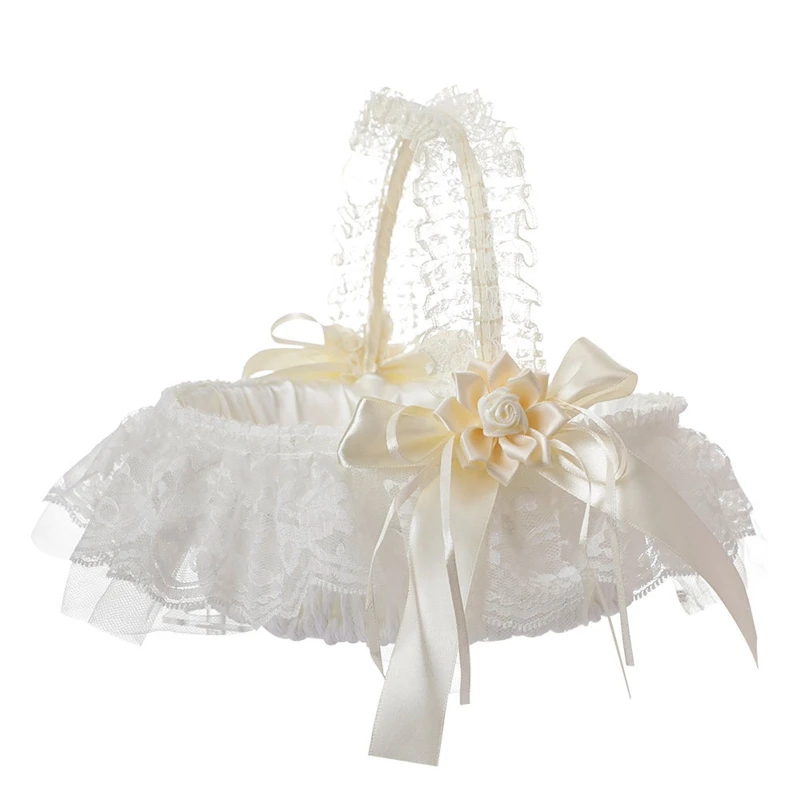 

Flower Girl Basket White Flower Basket Bow Pearl Rhinestones Decoration for Wedding Ceremony DIY Immortal Flower Box
