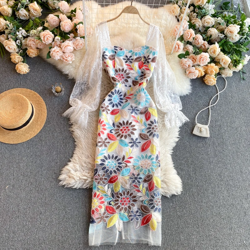 

Heavy industry pure sweet square neck bubble sleeve mesh lace hook flower light mature Dresses
