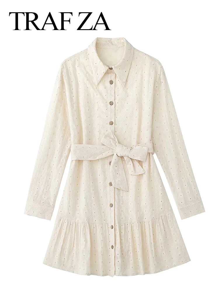

TRAF ZA Solid Color Hollow Lace Cotton Skin-Friendly Single Breasted Women's Dress Elegant A-Line One Piece Lapel Lady Dress