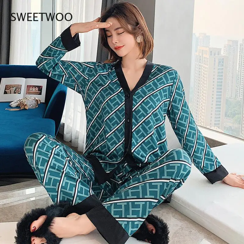 2Pcs Women Pajamas Sets Woman Pajama Summer V Neck Design Suit Long Sleeve Trousers Set Home Clothes Sexy Satin Silk Pijamas