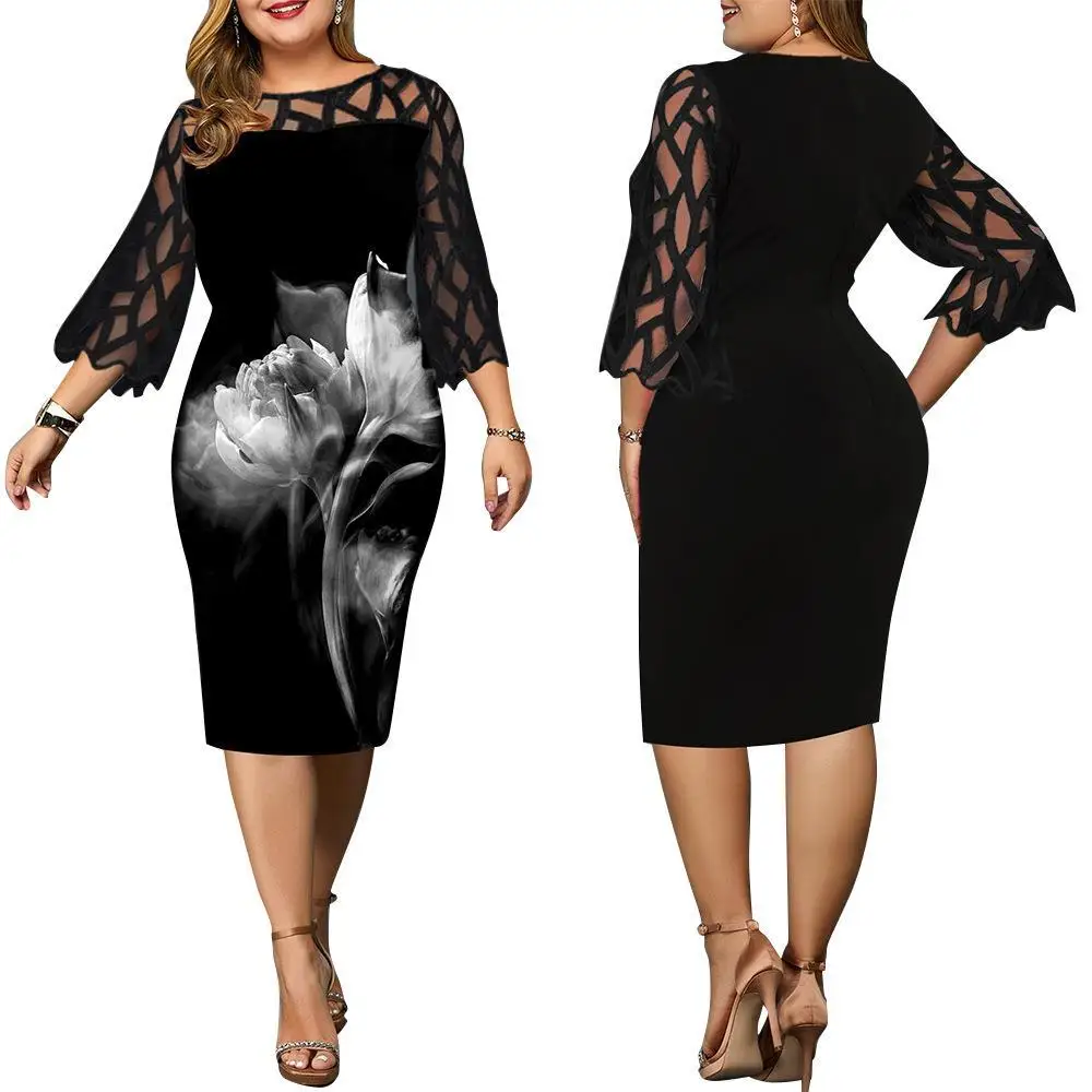 Skirt Office Ladies Patchwork Design Lace Embellished Ocollar Sparkly Sleeve Mid-waist Slim-fit Hip Skirt