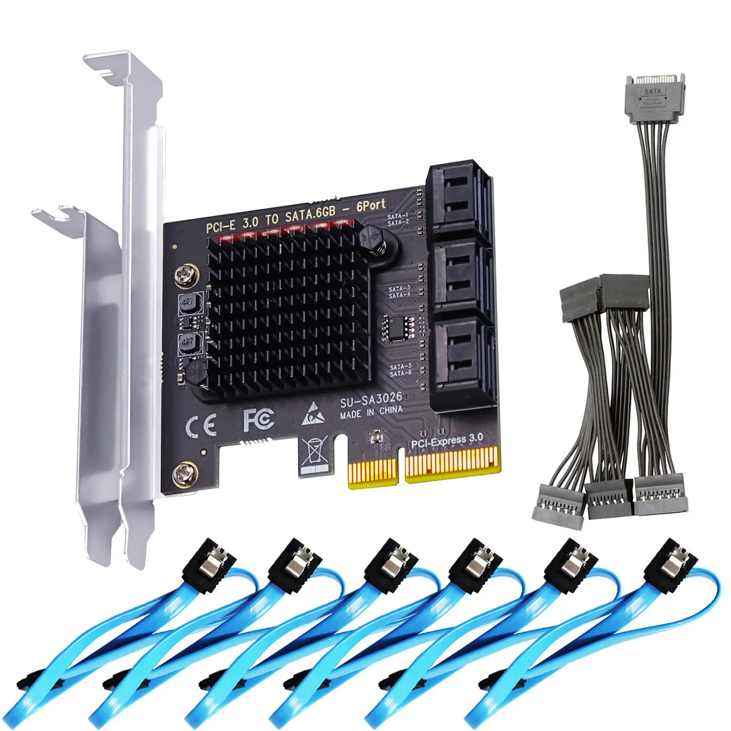 PCIe SATA Adapter Card with 6 Port SATA III 6Gbps (Including SATA Cables and 1:5 SATA Splitter Power Cable)