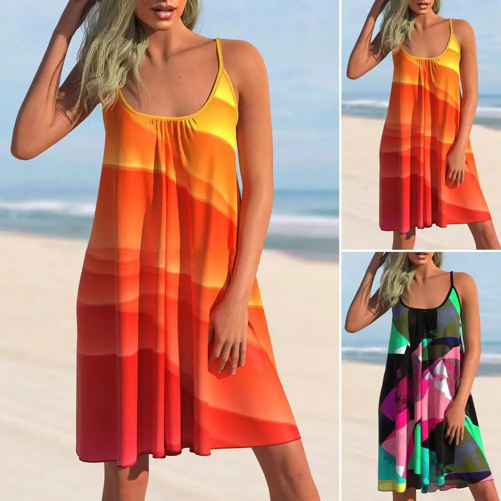 

Women Dress Sexy Casual Knee Length Women Fashion Bohemia Print Draped Sling Dress for Beach