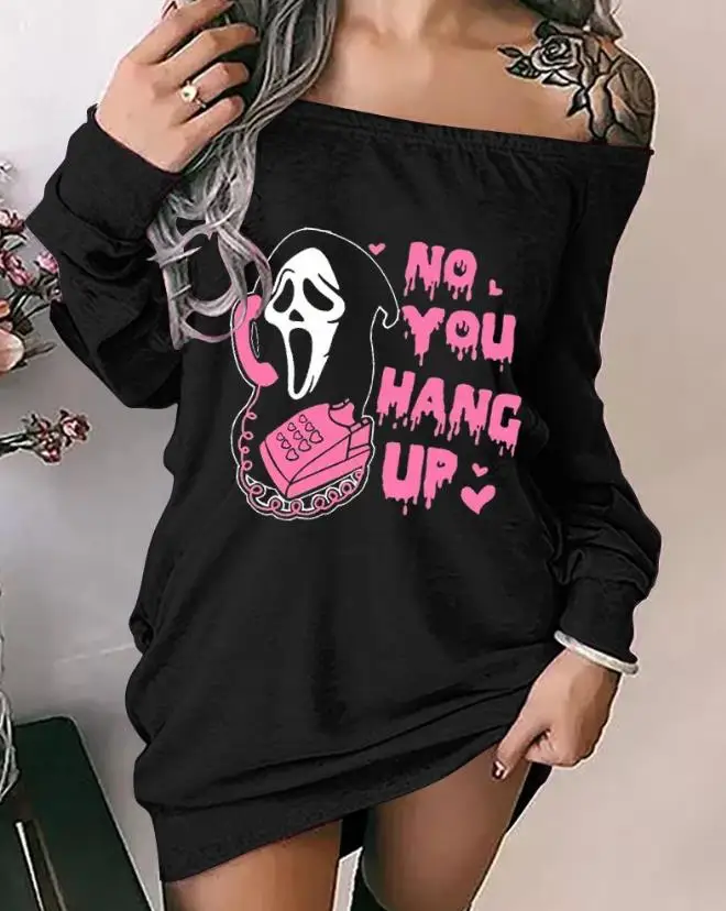 

2023 Autumn Winter Spring New Fashion Casual Halloween Melting No You Hang Up Graphic Print Off Shoulder Dress