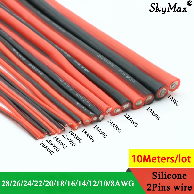 Купи 10M Black Red 8 10 12 14 16 18 20 22 24 26 28 AWG 2Pins Soft Silicone Rubber Copper Electric Wire Lamp Light Connector Cable за 507 рублей в магазине AliExpress