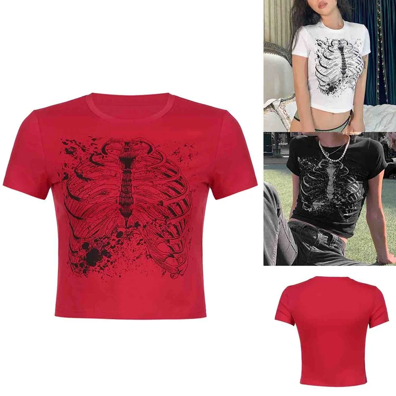 

Harajuku Print Women T Shirts Summer Short Sleeve Goth Girl Cropped Tee O Neck Casual Streetwear Tops