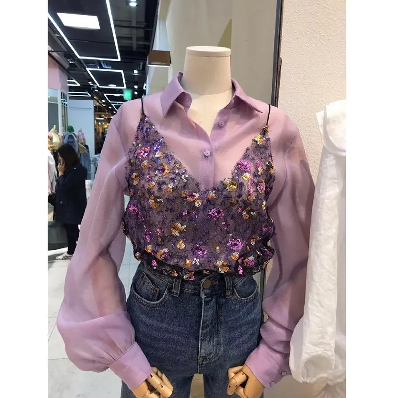 

Thin Lapel Mesh Shirt + Flower Lace Sequin Vest Suspenders Two Piece Set Top Korean Fashion Long Sleeve Blouse