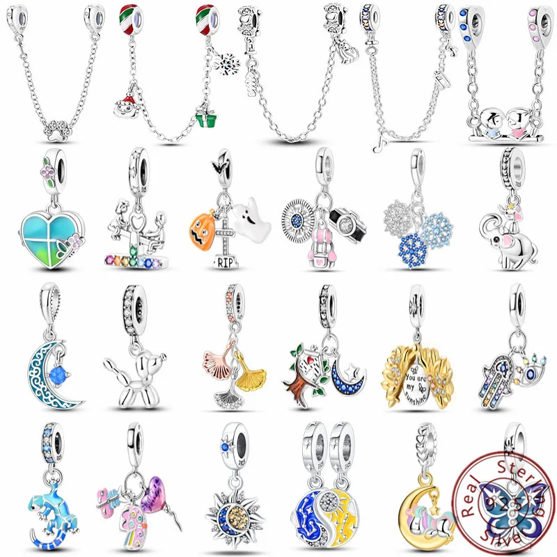 

Charms Sterling 925 Silver Fit Pandora Original Bracelet Snow Winter Sun&Moon Evil's Eye Clasp Safety Chain Beads DIY Jewelry