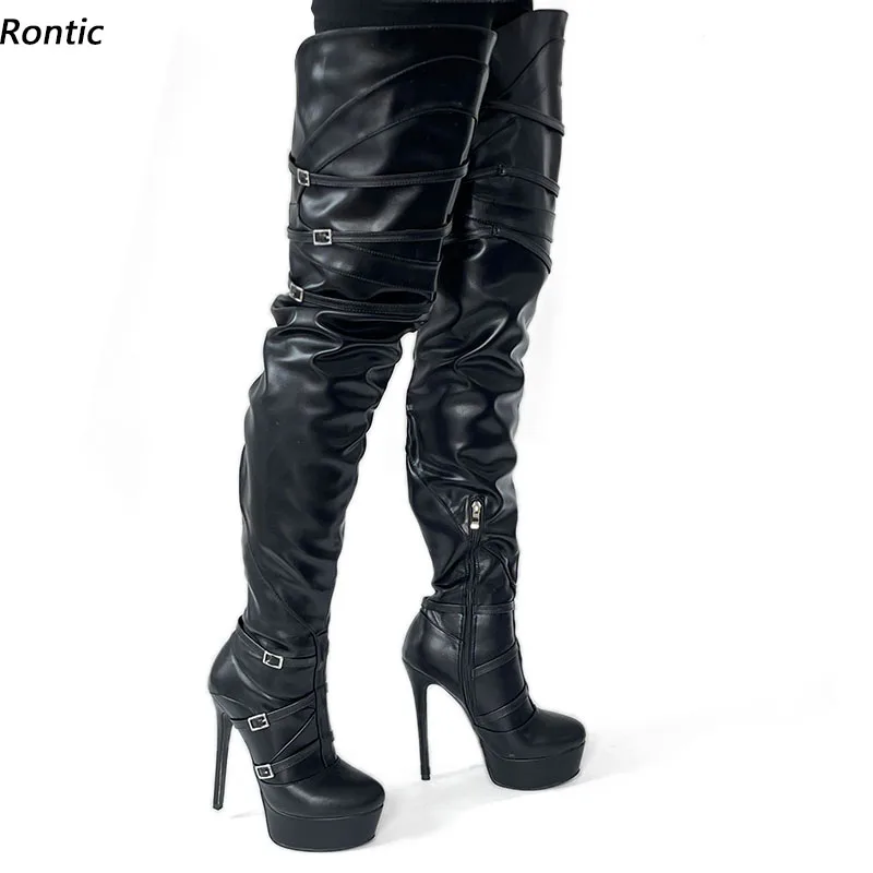 Женские длинные ботинки на платформе Rontic черные элегантные уличные из