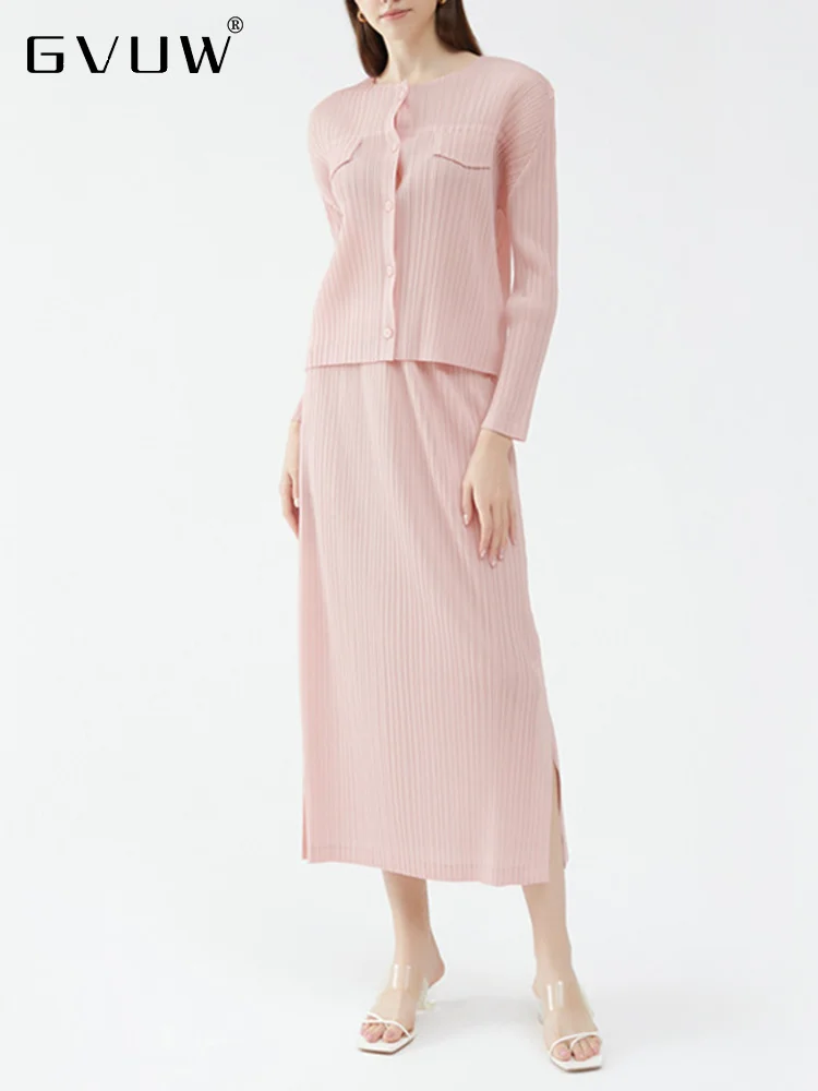 

GVUW Simplicity Pleated Two Piece Set Women's 2023 Autumn New Solid Color O-neck Single Breasted Top Split Skirts Female 17G2091