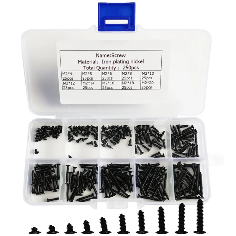 

250PCS/Set M2 Cross Countersunk Head Self Tapping Screw Carbon Steel Nickel Plated Wood Plasterboard Plated Screw Tool Parts