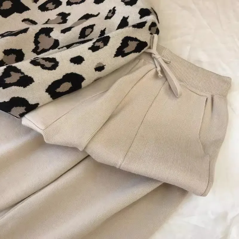 Леопардовый вязаный комплект из 2 предметов корейский стиль рандомный пуловер