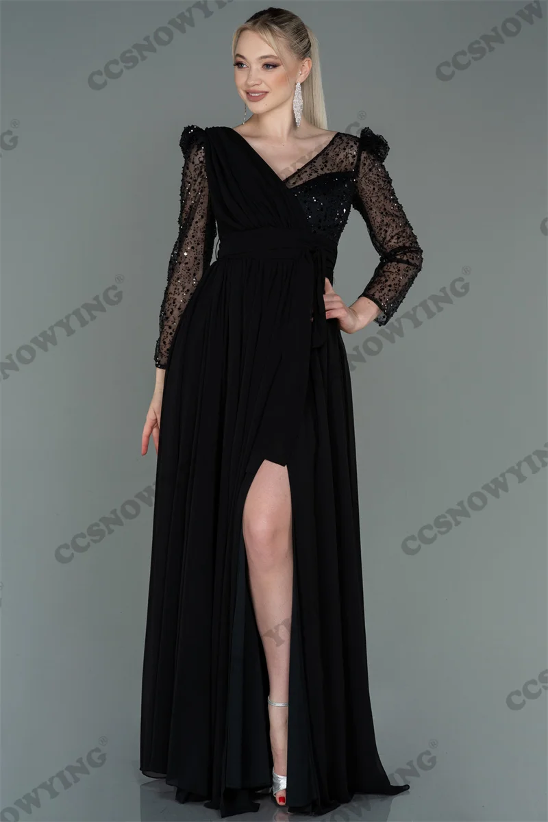 

Satin Muslim Evening Dresses See-through Long Sleeve Islamic Formal Party Gowns Double V Neck Women Arabic Robes De Soirée