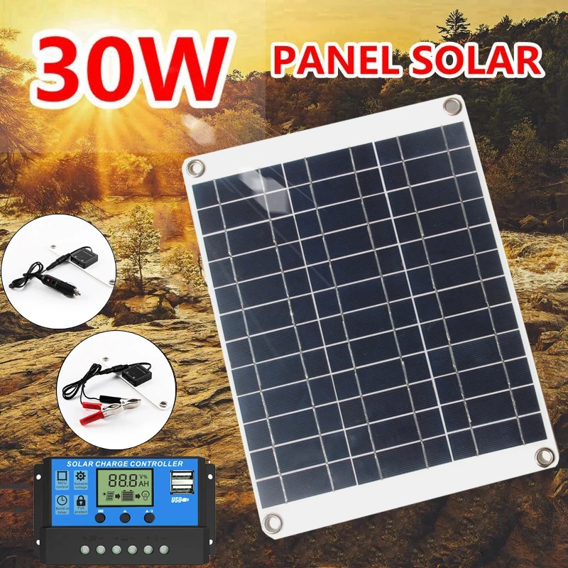 Solar Panel Kit 12V USB 30W Camping Solar Charger with 30A-60A Controller for Phone Car Yacht Battery Boat Charger Camping