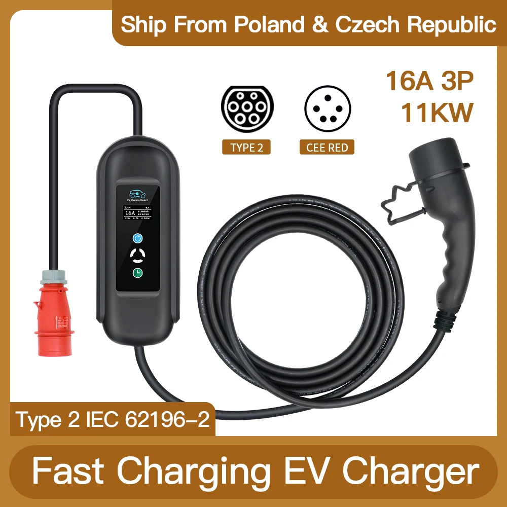 Ev Charger Type2 IEC62196 11kw 16A 3Phase Evse Wallbox Electric Vehicle Cars Adjustable Portable Home Charging 5M CEE Red Plug