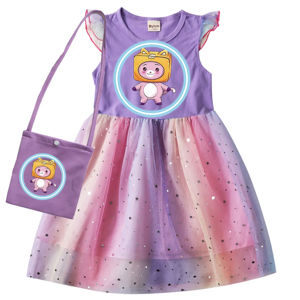 

Kids Lankybox Clothes Baby Summer Short Sleeve Dress Teen Girls Rainbow Mesh Casual Evening Dresses Elegant Princess Vestidos