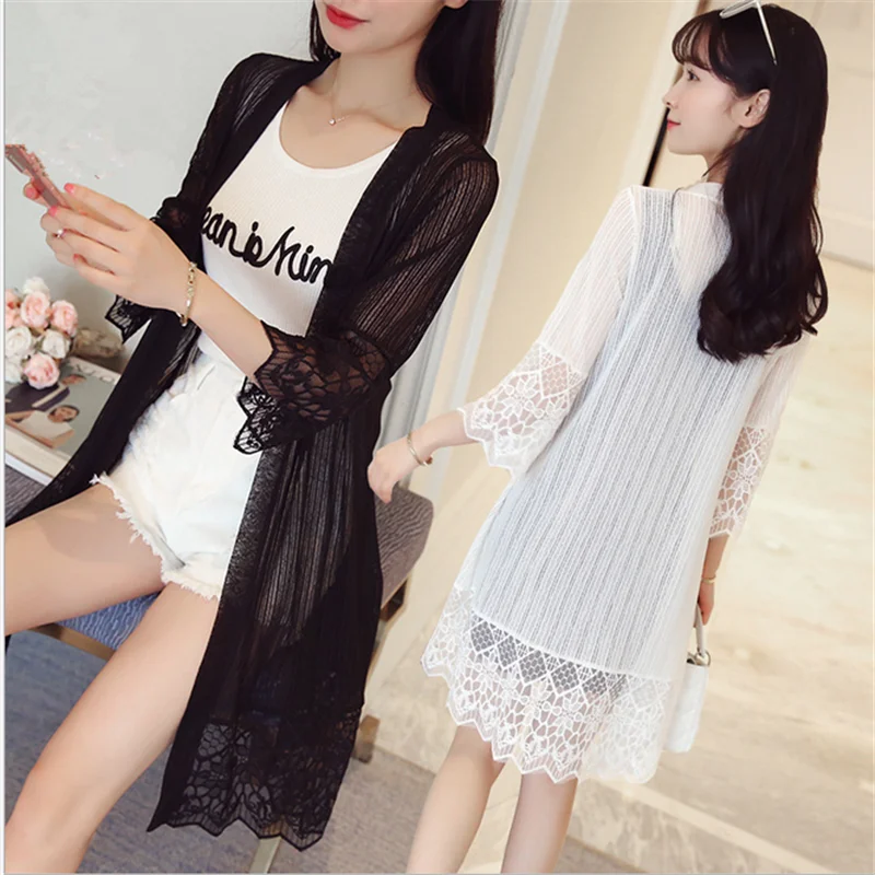 

Hot Sale Fashion Lace Medium Long Solid Color Cardigan 2022 Summer Women Outerwear Simple Wearing Fashion Cardigan For Female